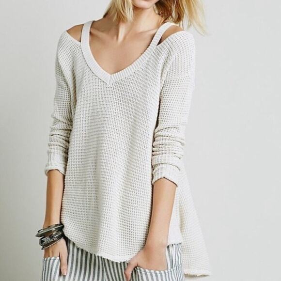 Free People Moonshine thermal cold shoulder shirt size small cream - Picture 1 of 8